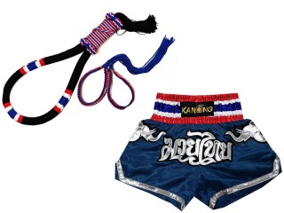 Mongkol Prajead -setti Muay Thai -shortseilla : Set-Mongkol-Flag-Black-125-Navy